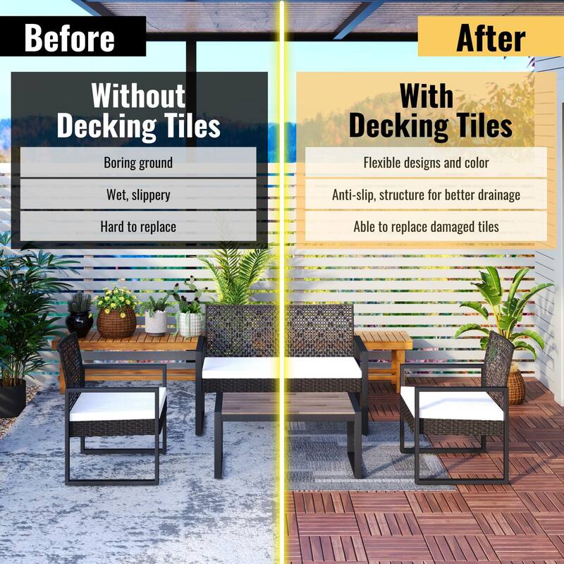 10 PCS Interlocking Deck Tiles Striped Pattern, 12" x 12" Square Acacia Hardwood Outdoor Flooring for Patio,Bancony,Pool Side