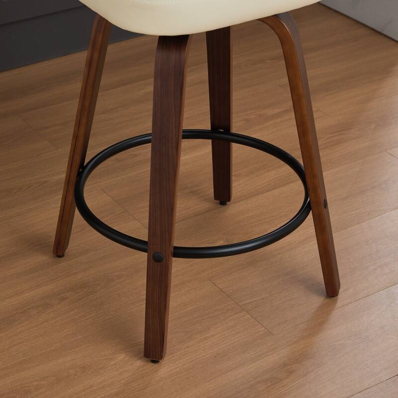 Swivel Bar Stools Set of 2, 26" Upholstered Faux Leather Counter Height Barstools with Walnut Back & Bentwood Legs