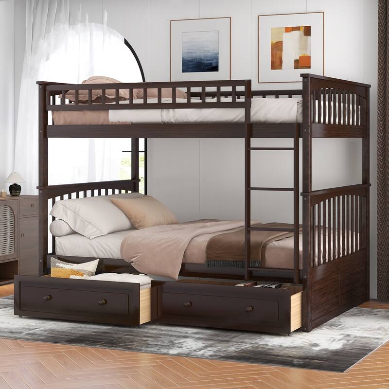 Convertible Full Over Full Bunk Bed with Storage Drawers, Espresso Finish - Espresso