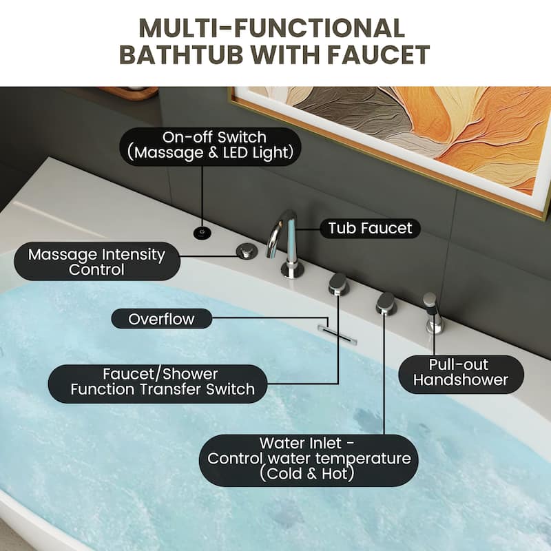 67 in. Freestanding Acrylic Whirlpool Bathtub with 6 Jets, Chromatherapy LED Lighting, 4-Hole Faucet Kit, Center Drain