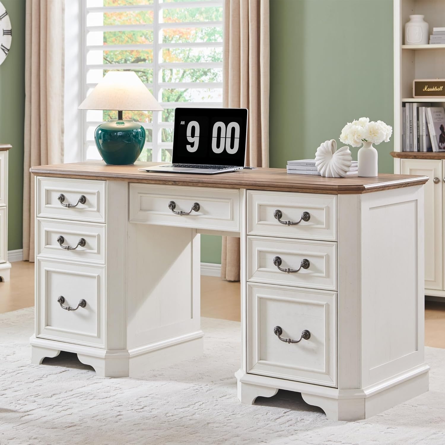 Farmhouse Executive Desk with Drawers, Wood Home Office Computer Desk