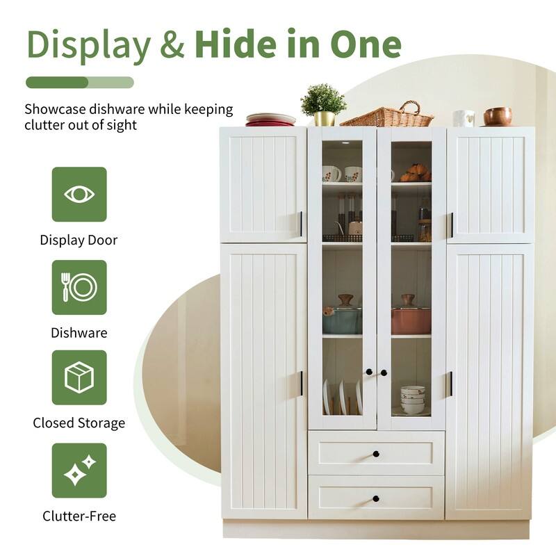 Modern 71" Tall Kitchen Pantry with Storage Cabinet, 6 Doors , Drawers, Adjustable Shelves,Pull-out Trays and Wine Rack