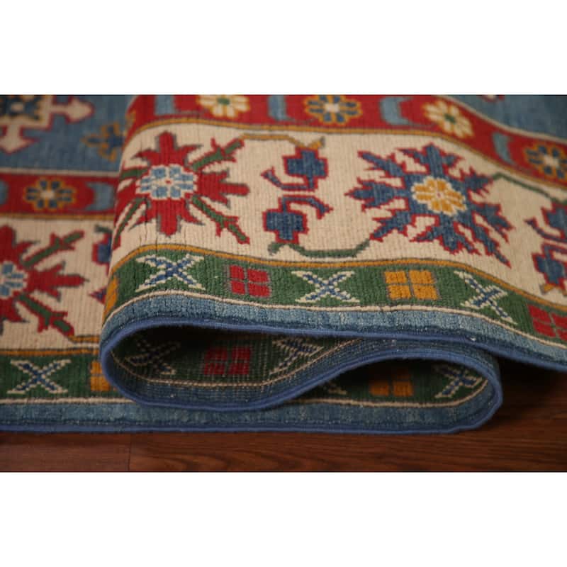 Blue Geometric Kazak Area Rug Hand-Knotted Wool Carpet - 6'10" x 9'7"