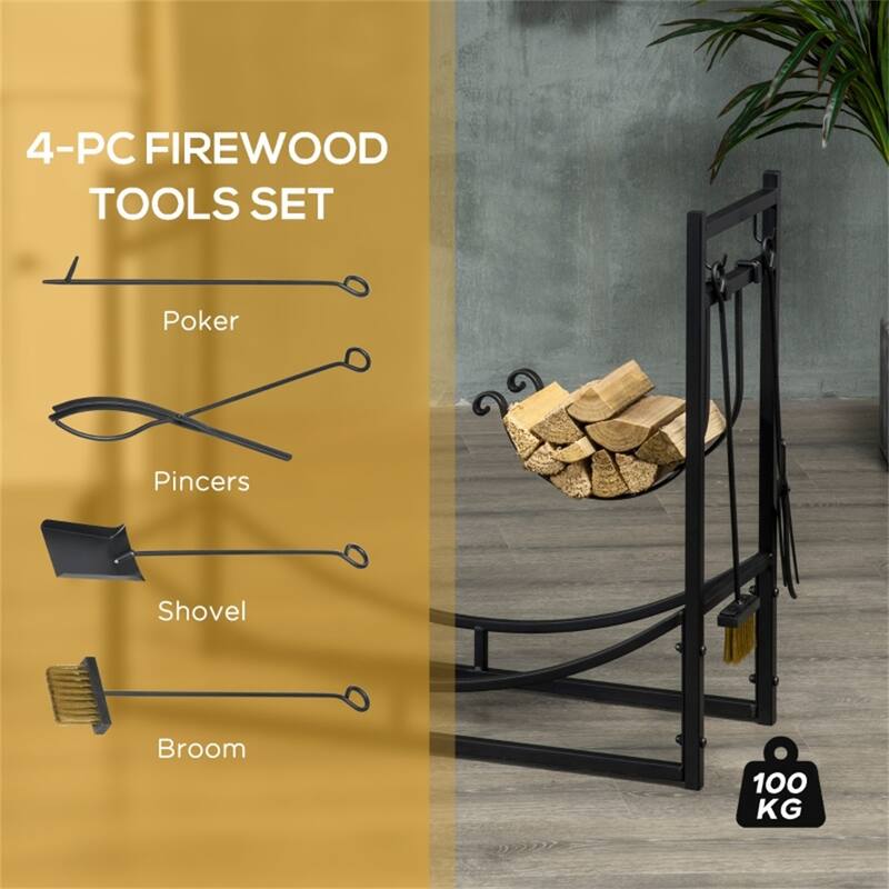 Steel Firewood Rack with Elevated Shelves and Fireplace Tool Set Indoor and Outdoor Black - 33" L x 13" W x 30" H