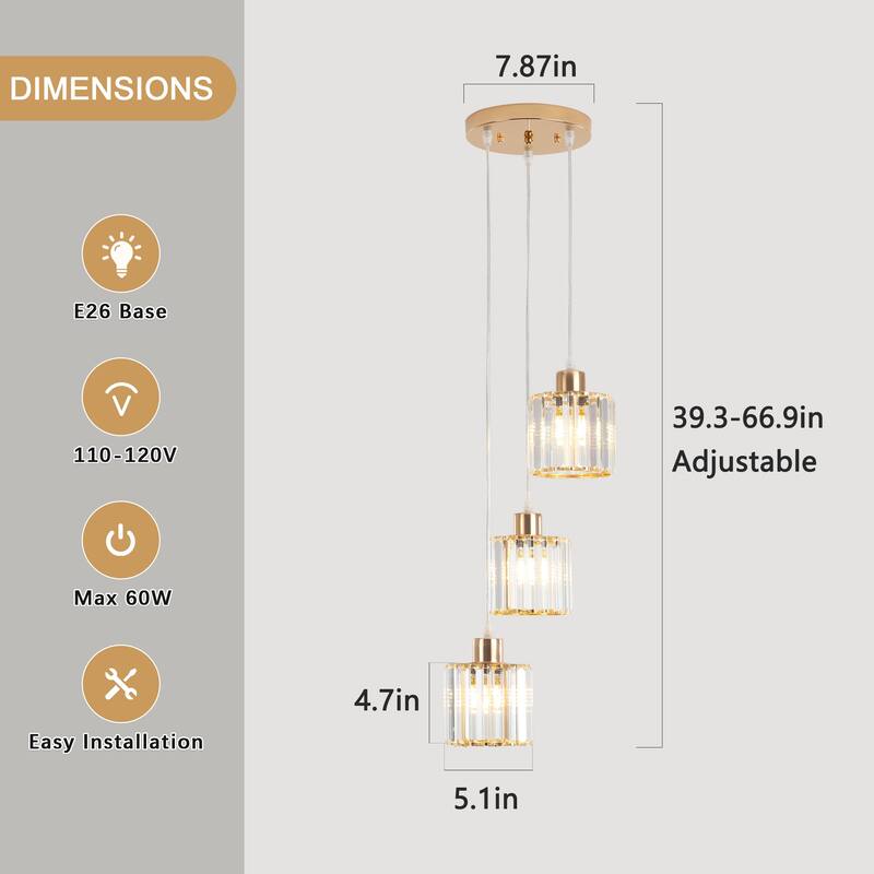 3-Light Modern Metal Hanging Pendant Light Ceiling Light Chandelier with Crystal Cover for Kitchen Island