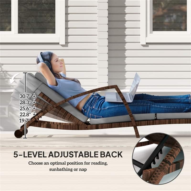 2-Piece Outdoor Rattan Adjustable Backrest Sun Lounger Set with Cushions and Wheels Included - 72.8" L x 28.3" W x 30.7" H