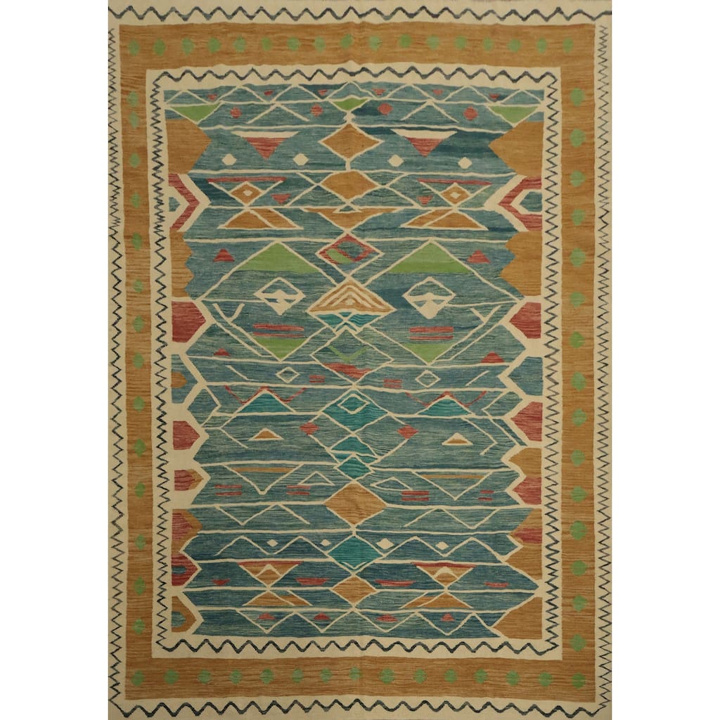 Hand Woven Oriental 100% Wool Carpet Southwestern Tribal Navy Blue & Blues Kilim Area Rug - 9' 9'' X 8' 3''