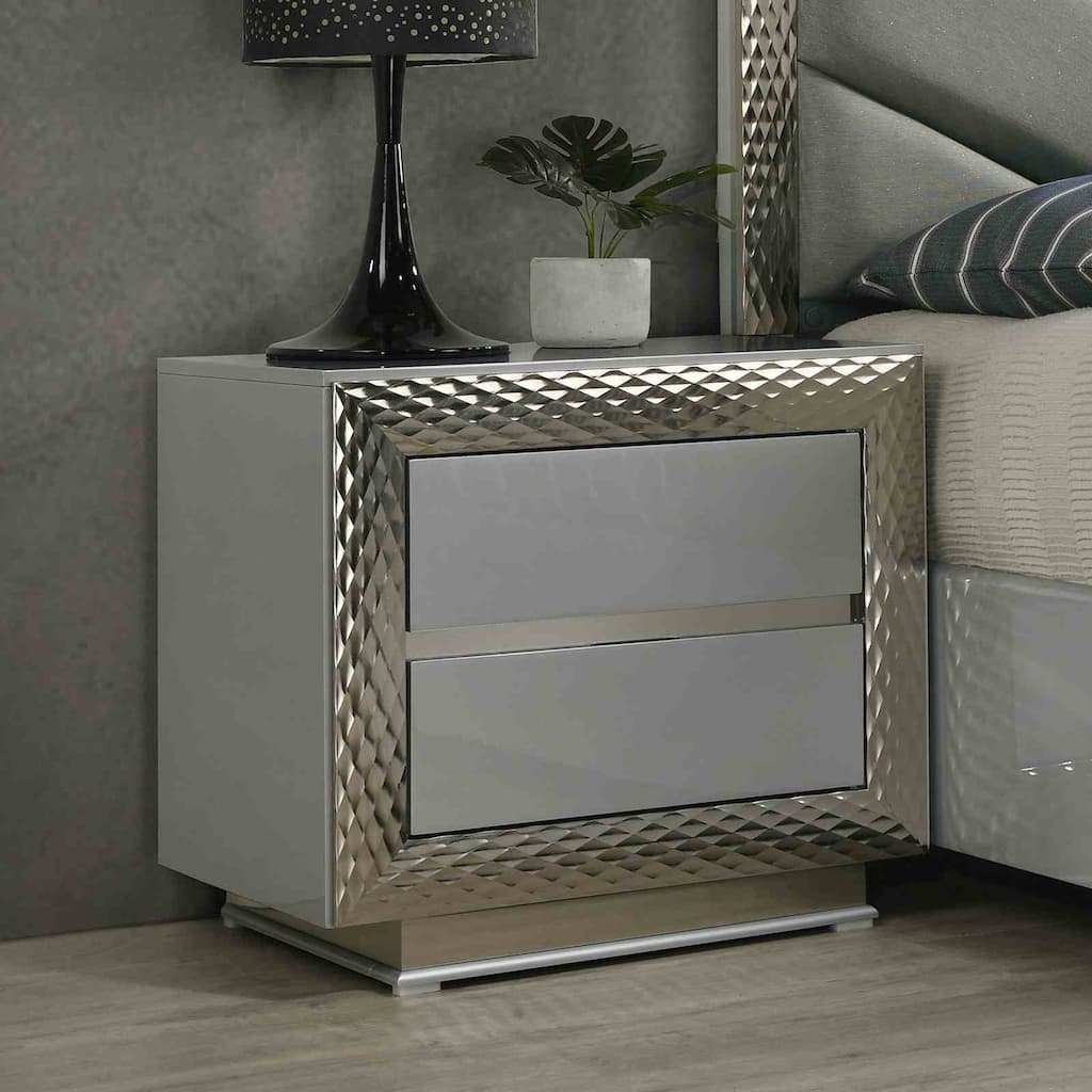 Glam Nightstand - Gray Finish with Plinth Base & Silver Molding