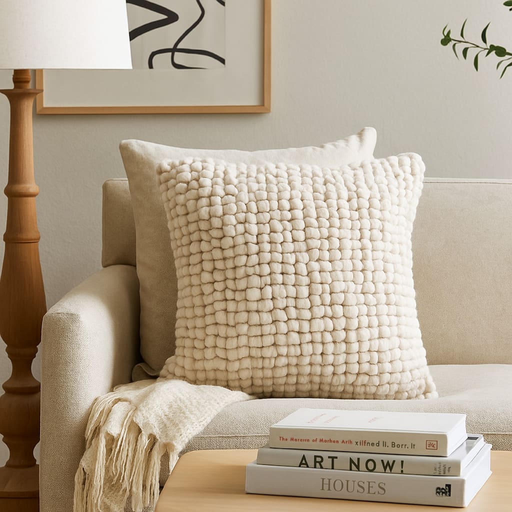 Avy Square Accent Throw Pillow, 20 Inch Plush Looped Ivory White Wool