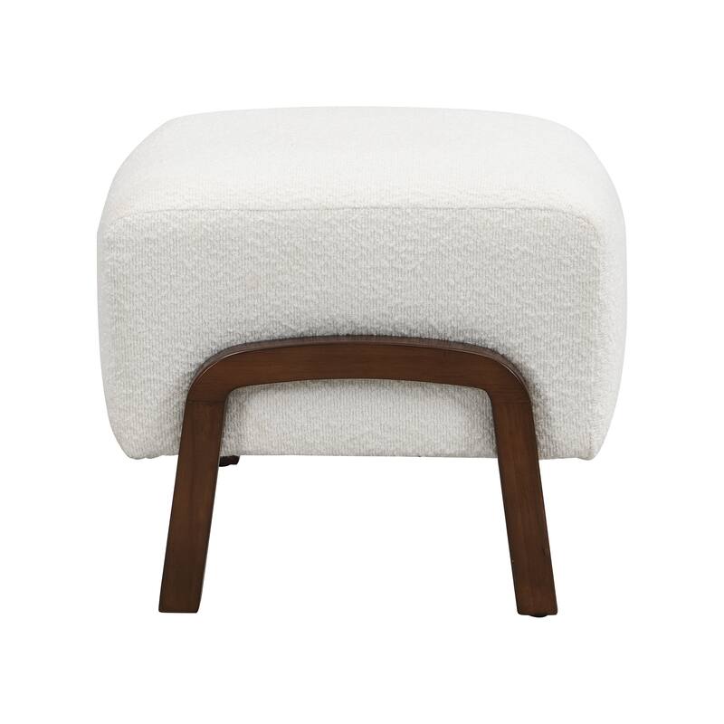Upholstered Ottoman, Wooden Legs, White, Boucle