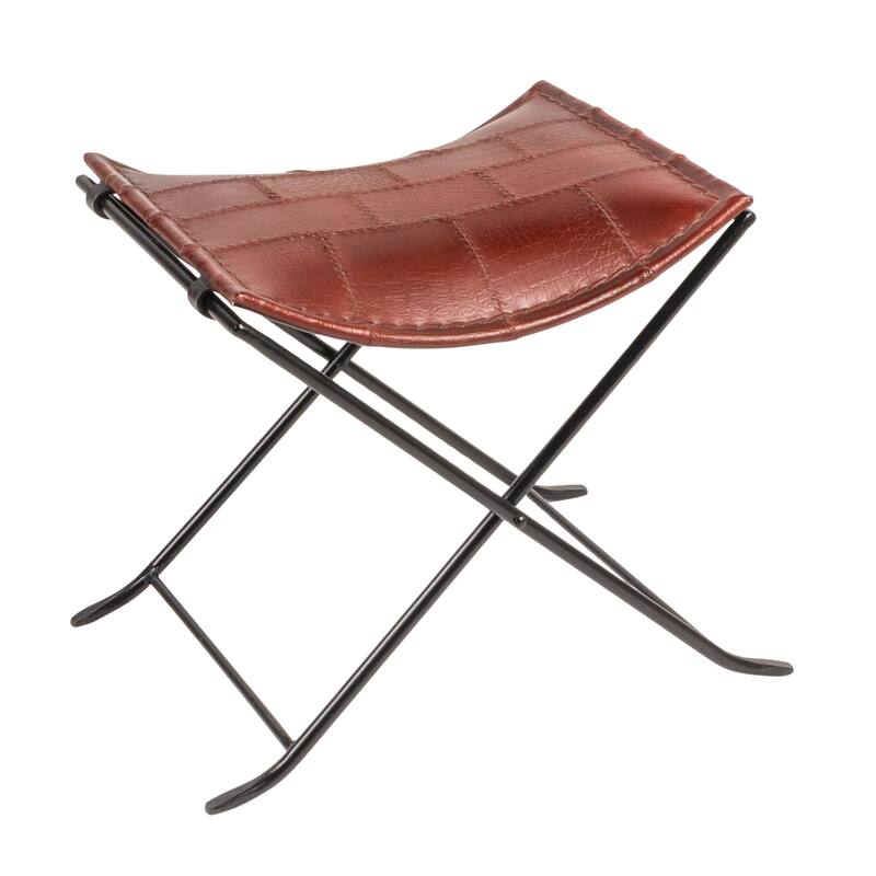 Collapsible Leather and Metal Stool - Brown