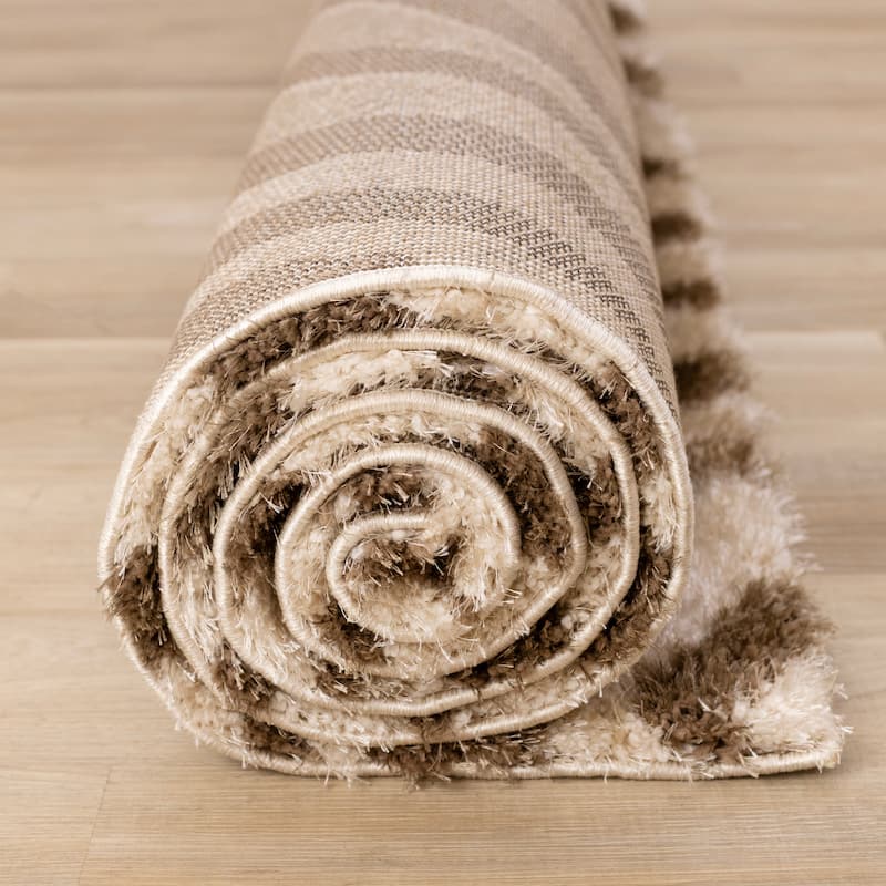 Beige Brown White Zebra Print Soft Shag Rug