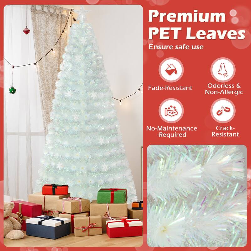 7 Feet Pre-Lit White Artificial Christmas Tree with Iridescent Leaves