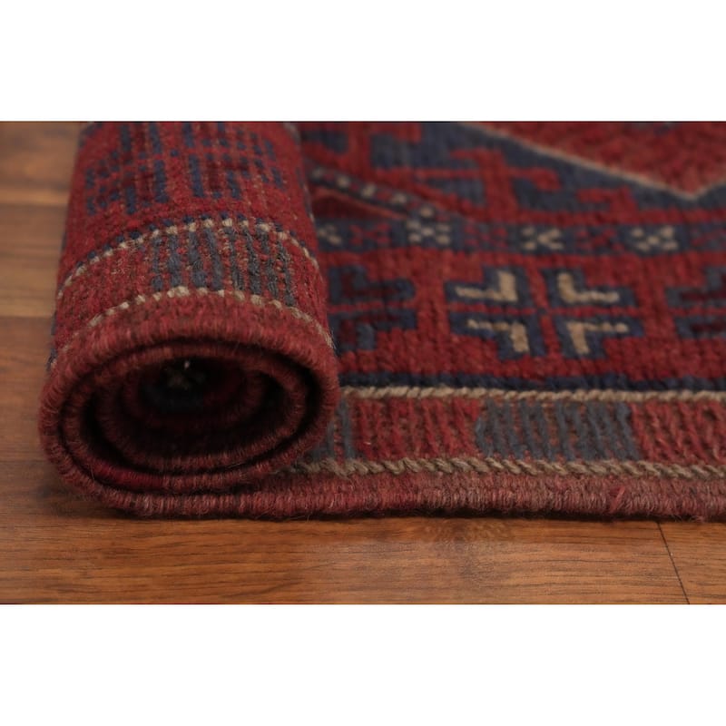 Hand Knotted Oriental 100% Wool Carpet Traditional Tribal Red Balouch Runner Rug - 7' 8'' X 2' 2''