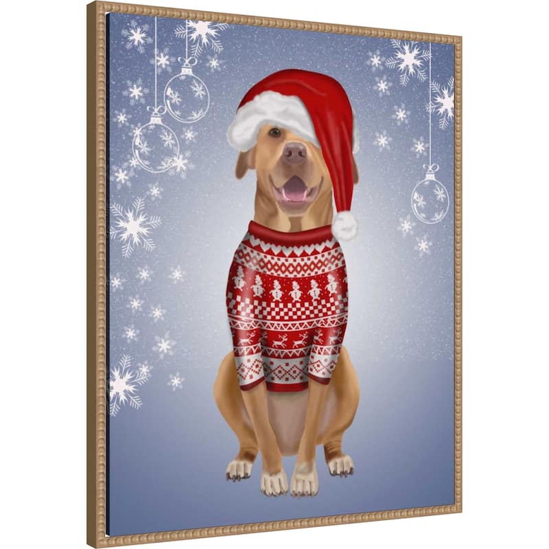 Pitbull in Christmas Sweater by Fab Funky (23 x 28 in.), Framed Canvas Wall Art Print - Sylvie Beaded Rustic Natural