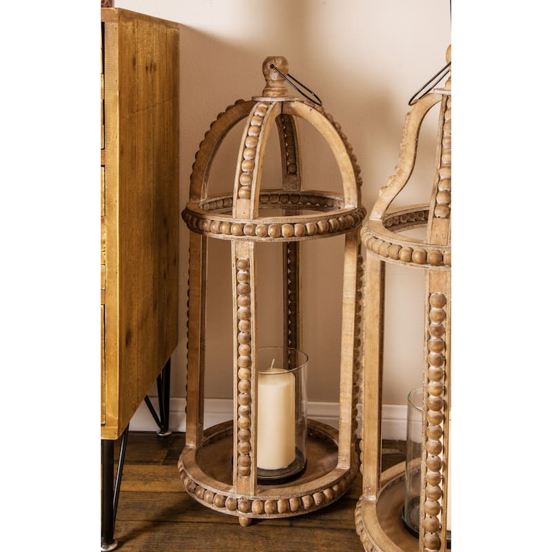 Brown Reclaimed Wood Beaded Decorative Indoor Outdoor Candle Lantern - Brown