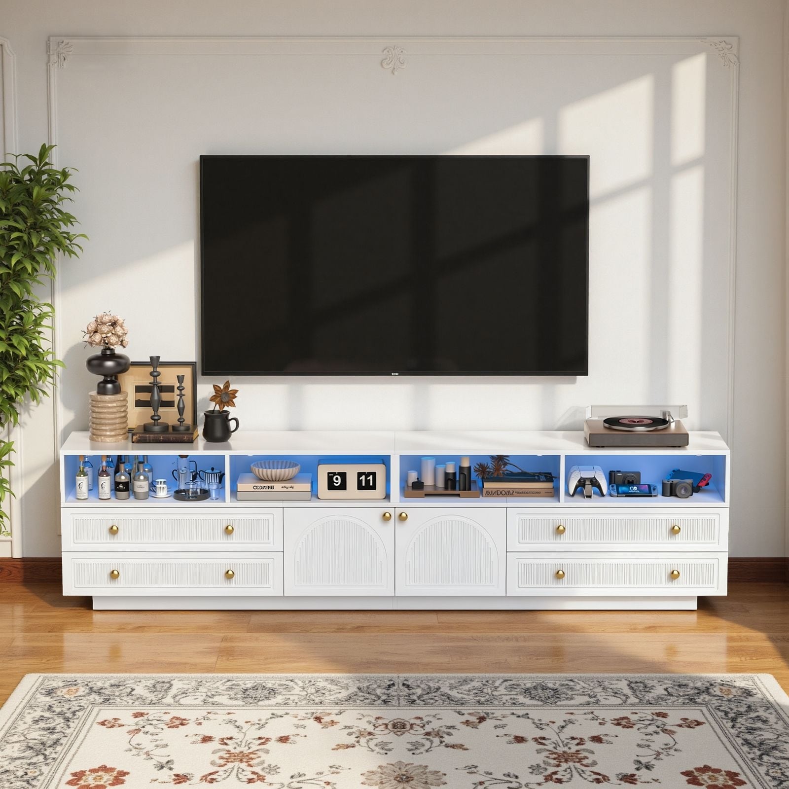 Meyreso 86.6" Modern LED Lighted TV Stand with 4 Open Shelves and Storage Cabinets