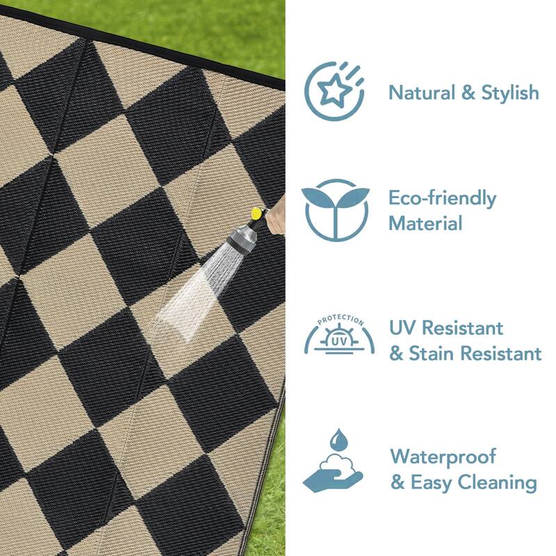Outdoor Rug Waterproof Reversible Rug Plastic Straw Rug Checkered Floor Mat Outside Carpet for Camping RV Backyard Patio