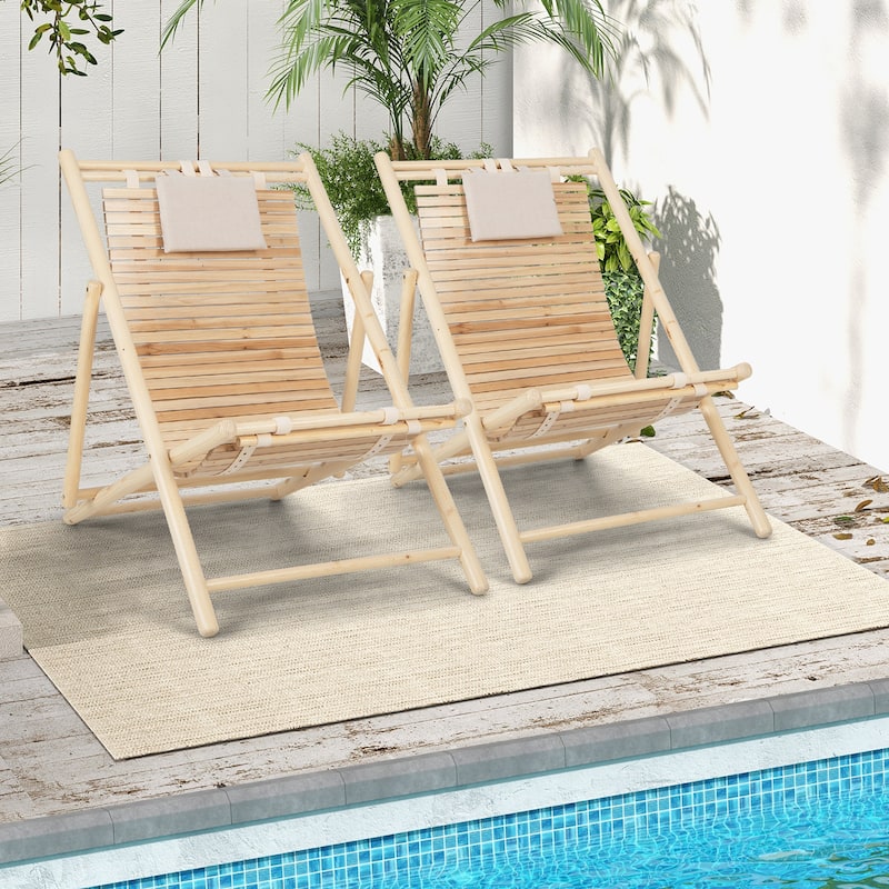 Patio Outdoor Adjustable Folding Wood Sling Chair Reclining Lounge