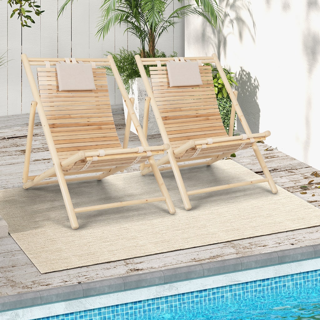 Patio Outdoor Adjustable Folding Wood Sling Chair Reclining Lounge