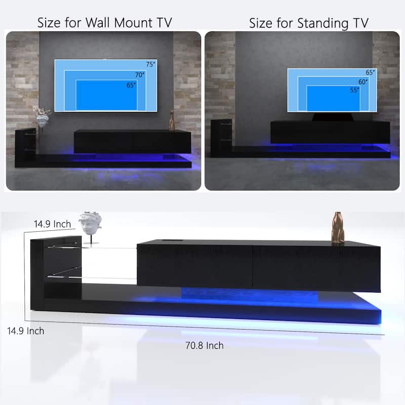 LED TV Stand for 55 65 75 Inch TV, Modern Entertainment Center Equipped with Power Outlet, 50 60 70 Inch TV Console for Homes