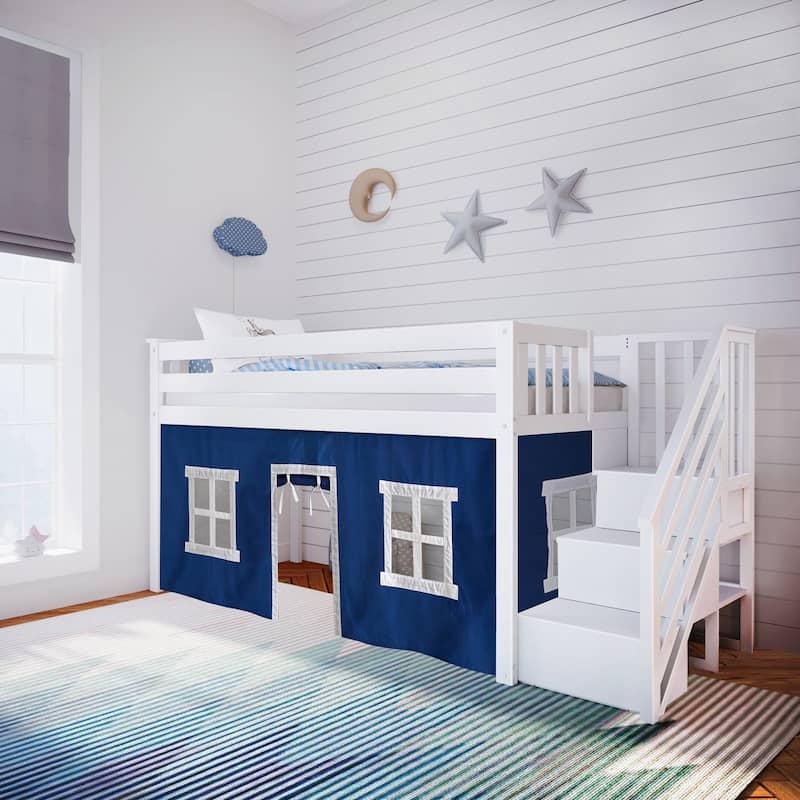 Max and Lily Twin Low Loft with Stairs and Curtains - White with Blue/White Curtain