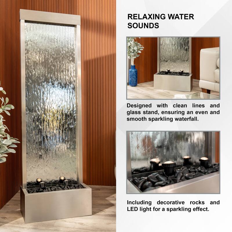 XBrand 68 in H Freestanding Waterfall Fountain, LED Lights & Auto-Shut Off Pump, Stainless Steel/Mirror Glass,Silver Frame
