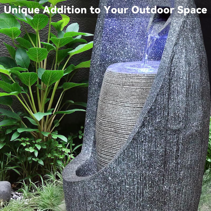 Vbal Modern Minimalist Gray Resin and Fiberglass Fountain with LED Lights Weather Resistant for Indoor and Outdoor