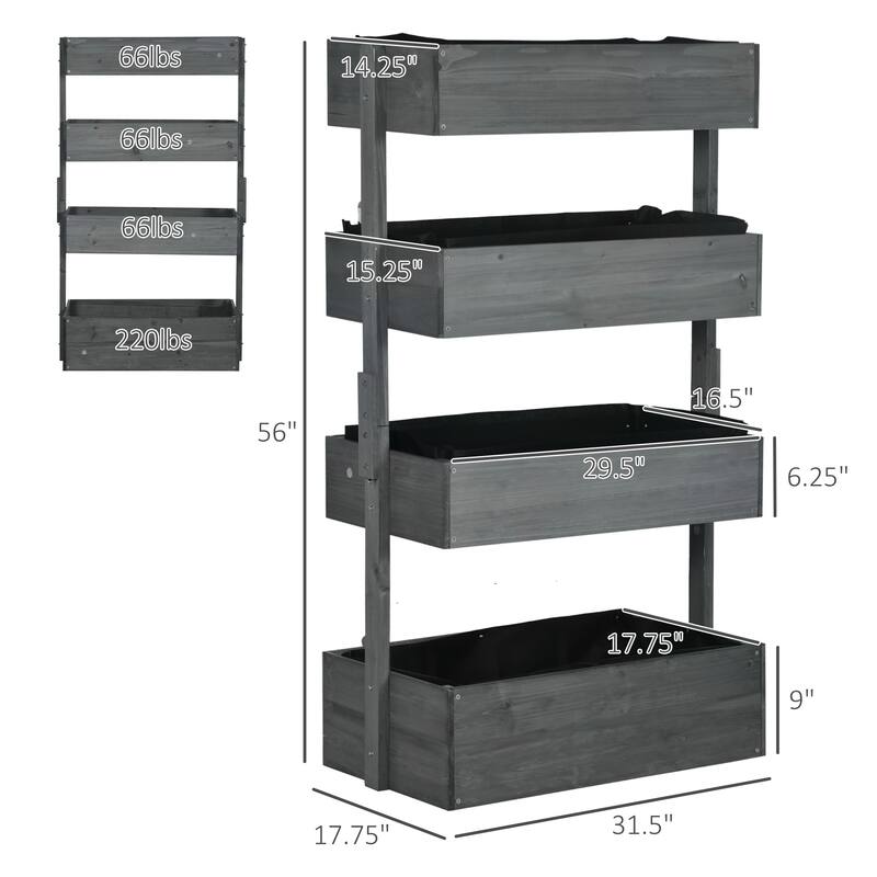Gray Vertical Garden Planter Four Tier Fir Wood Elevated Flower Box for Patio Balcony and Small Garden