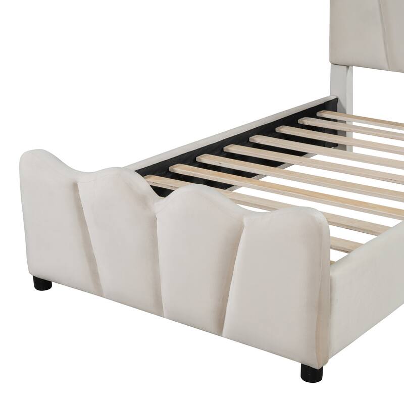 Velvet Upholstered Platform Bed with Distinctive Headboard and Footboard