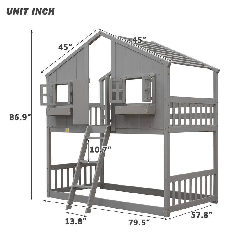 Twin Over Twin Wooden House Bunk Bed with Roof, Windows, Door, and Ladder, Kids Playhouse Bed with Guardrails