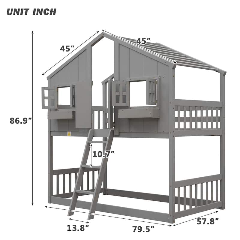 Twin Pine House Bunk Bed with Roof and Ladder
