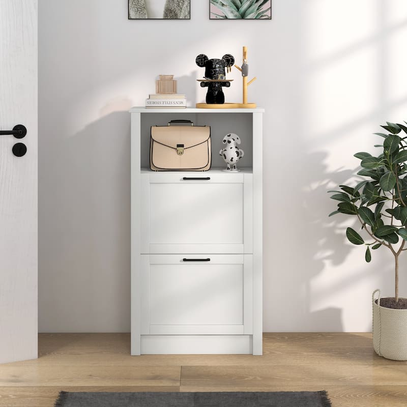 Shoe Storage Cabinet with Open Compartment and 2 Flip Drawers