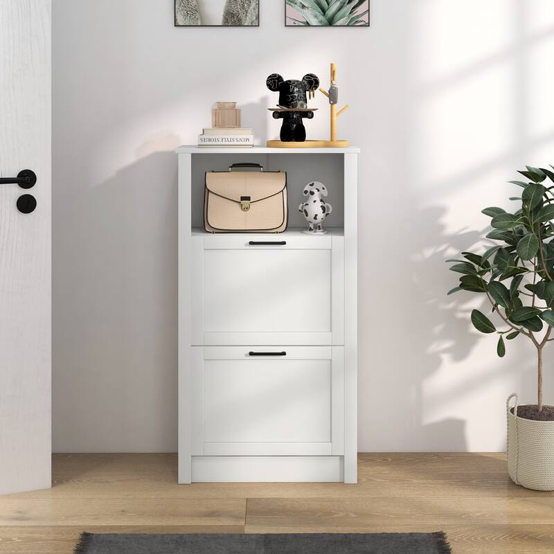 White Shoe Organizer Cabinet with Removable Dividers and 2 Flip Drawers for 10-Pair Capacity - 22.75" W x 9.5" D x 41.25" H