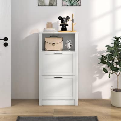 White Shoe Organizer Cabinet with Removable Dividers and 2 Flip Drawers for 10-Pair Capacity - 22.75" W x 9.5" D x 41.25" H