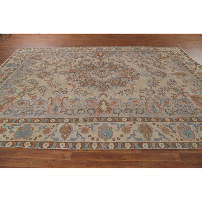 Distressed Floral Tabriz Persian Vintage Area Rug Handmade Wool Carpet - 9'4"x 12'10"