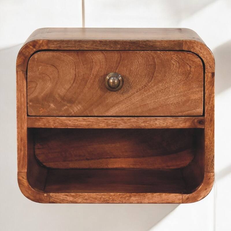 Solid Wood Honey Caramel Wall-Mounted Bedside with Drawer and Open Slot - Brown