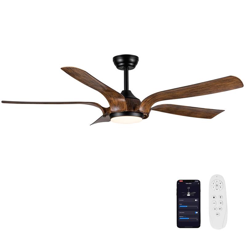 56 in.Farmhouse Integrated LED Indoor/Outdoor Faux wood Black Smart Ceiling Fan with Remote Control and DC Motor - 56 INCHES - 56 INCHES - Dark Brown - Remote