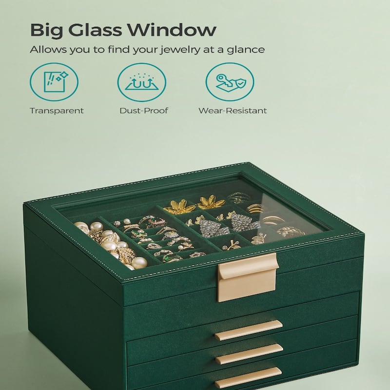 Modern Jewelry Organizer with Multiple Drawers Glass Top and Velvet Interior for Storage