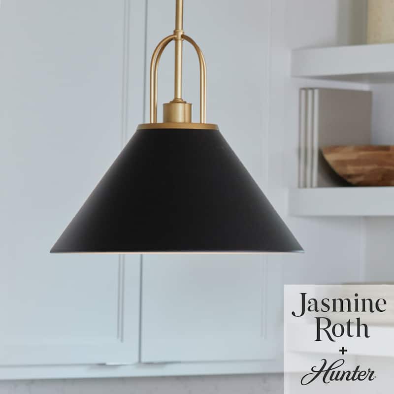 Hunter Carrington Isle Black / Luxe Gold Pendant - Island, Dining Room, Foyer, Bedroom - Casual, Transitional, Cone - Designer!