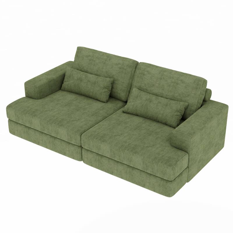 HomeRoots 93" Green Corduroy Modular Stainless Steel Sleeper Sofa With Toss Pillows