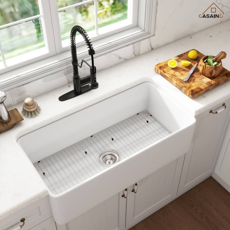 Farmhouse/Apron-Front Single Bowl Fireclay Kitchen Sink with 3-Function Pull-Down Faucet, Bottom Grid, and Basket Strainer