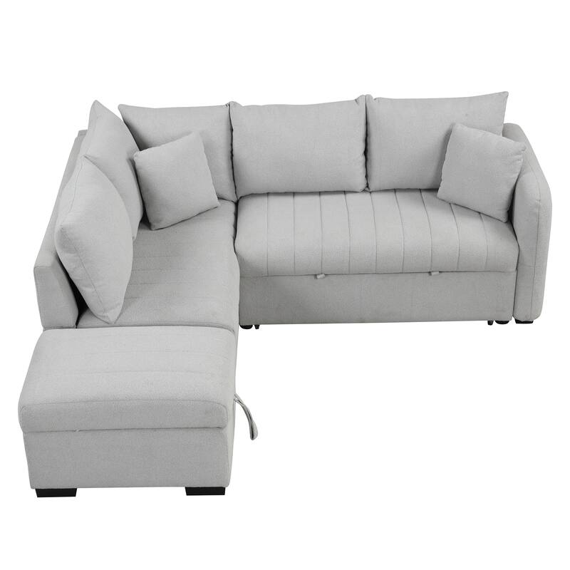 82.6" L-shaped Sectional Pull Out Sofa Bed Sleeper Sofa with Two USB Ports, Two Power Sockets and a Movable Storage Ottoman, Bei