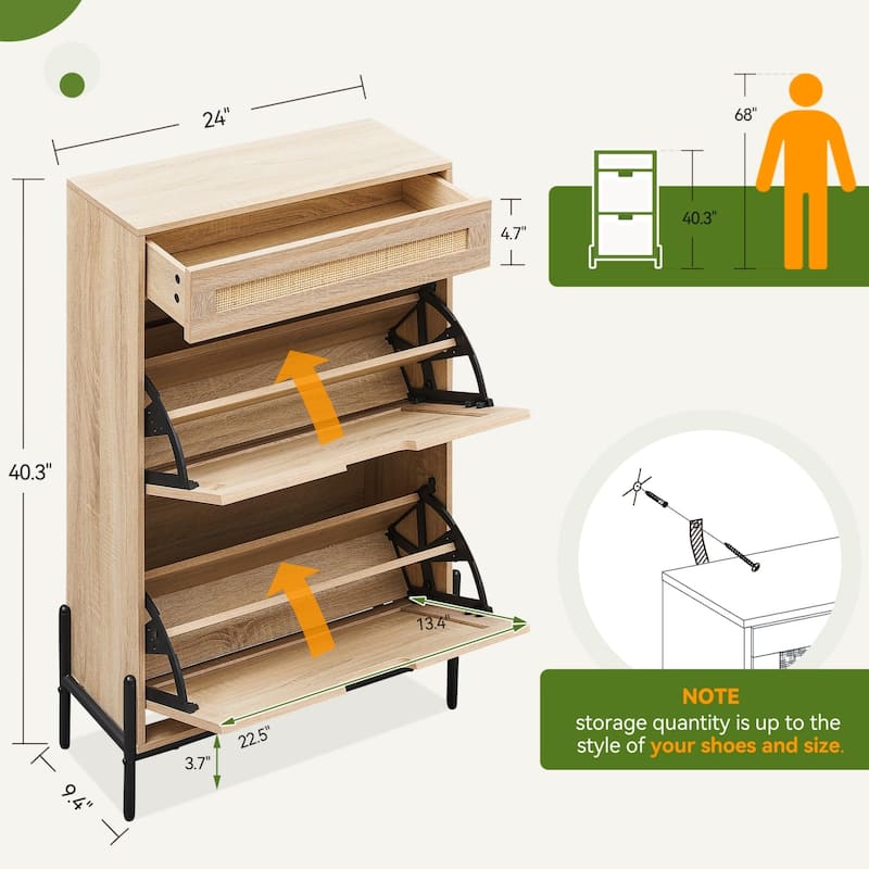 Natural Rattan 2 Flip Door with 1 Drawer Shoe Cabinet Organizer Freestanding, Modern Shoe Rack Storage Organizer - 24x9.4x40.3in