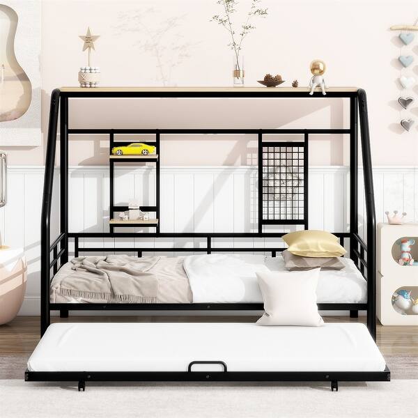 slide 2 of 24, Twin Size Metal House Bed with Trundle Black