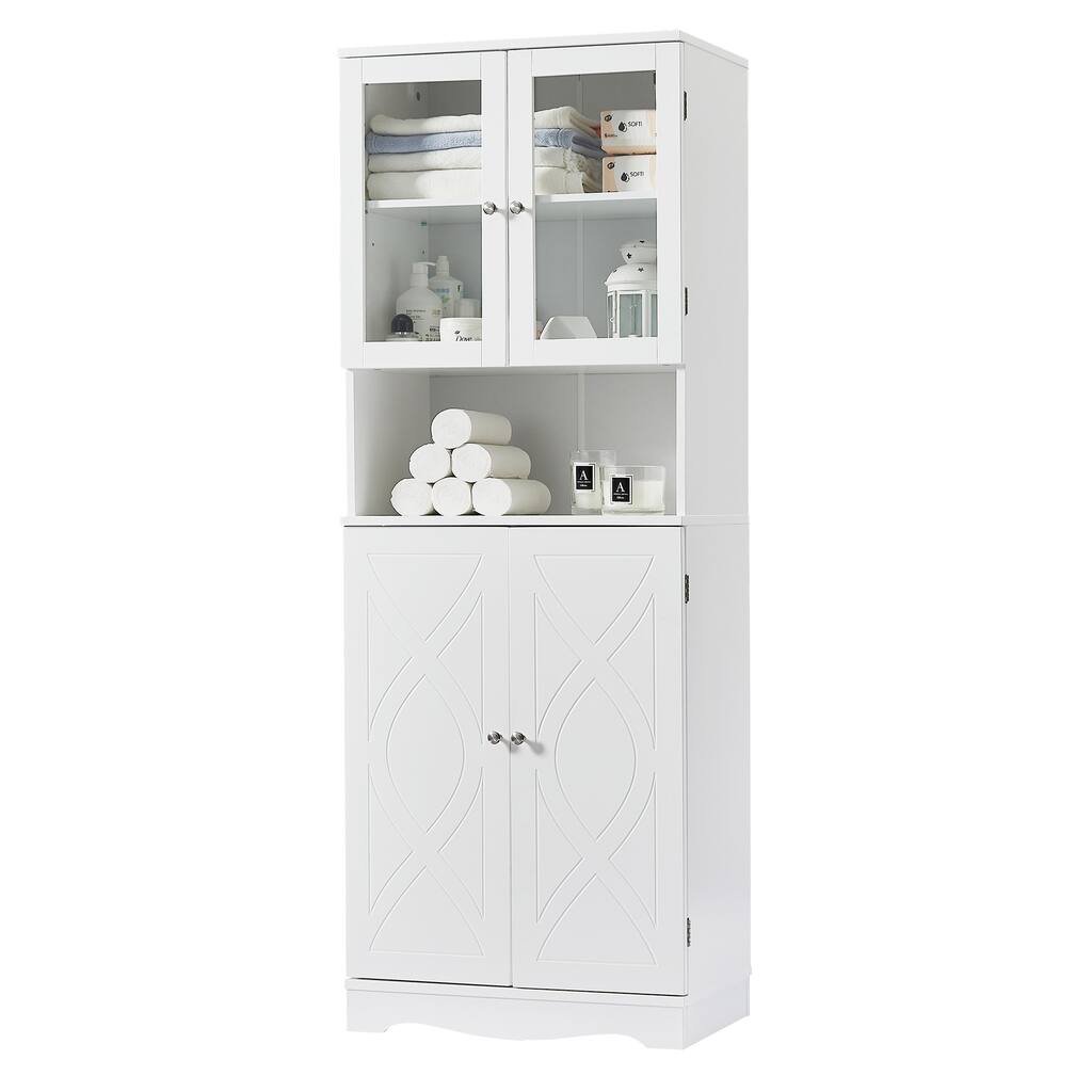 Tall Storage Cabinet with Glass Doors for Bathroom