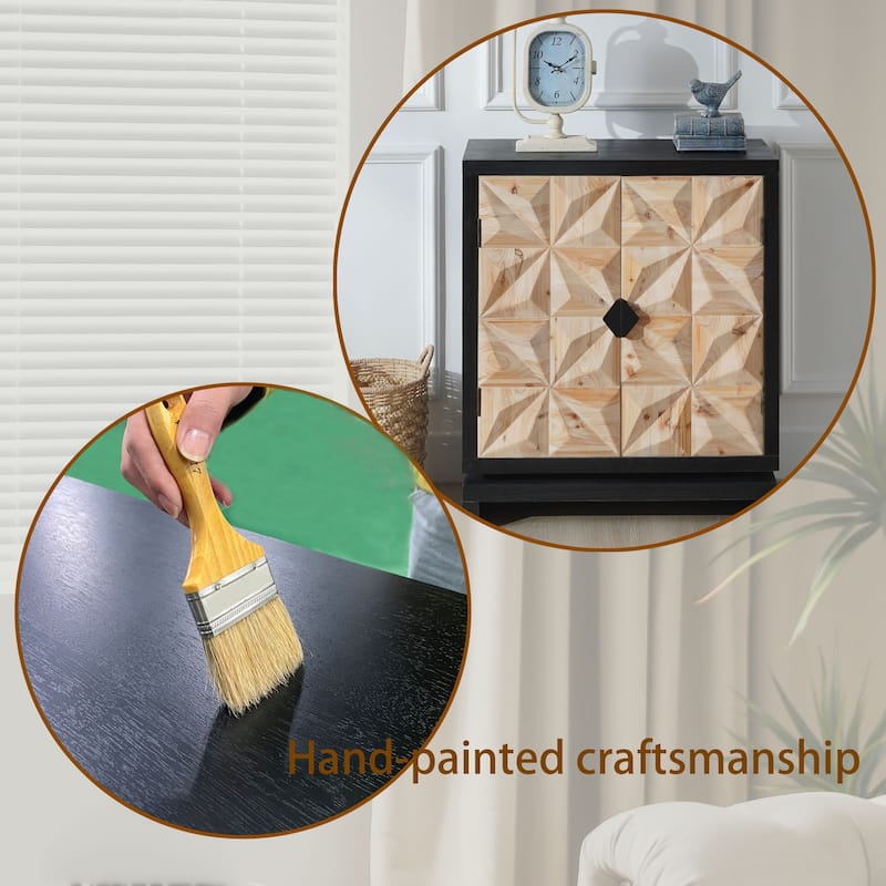 Roomfitters 3D Geometric Carved Double-Door Cabinet, Modern Black and Natural Wood Storage Sideboard