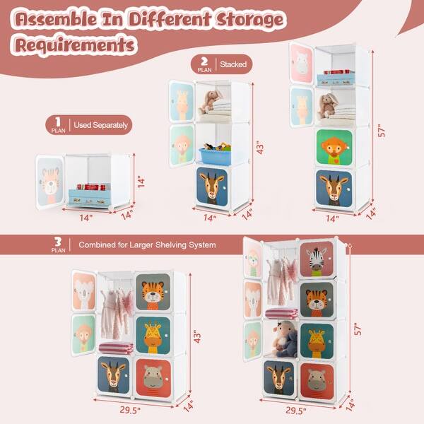 dimension image slide 4 of 5, Kids Wardrobe Closet with Hanging Section and Cute Doors