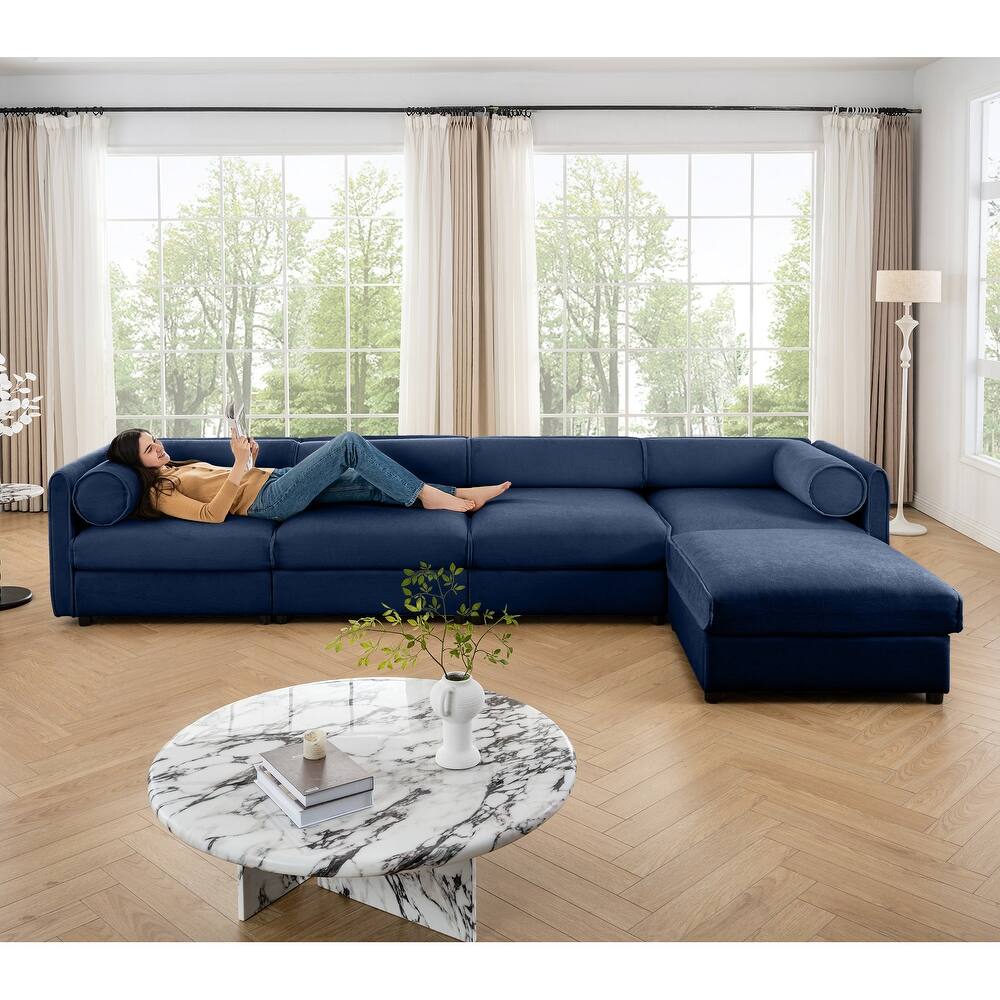 L-Shaped Upholstered Sofa with Storage Seat, 142.5" Chenille Sofa with Round Arms, Modern Sectional Couch for Living Room