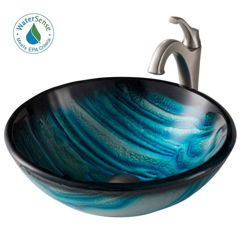 Kraus Arlo & Glass 17" Glass Vessel Bathroom Sink with 1.2 GPM Deck - Spot-Free Stainless Steel